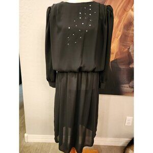 Vintage 1960s Mod Black Dress Rhinestones Sz13 Junior gathered waist sheer